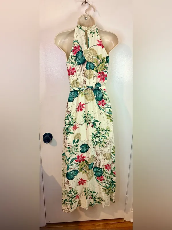 SHEIN XS 2 Tropical Floral Halter Maxi Dress Cream Green Pink Viscose Belted - Image 7