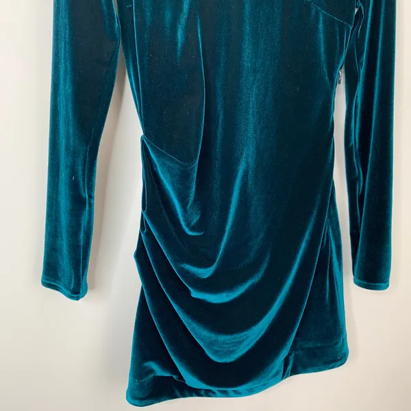 House of CB Maroush Velvet Teal Backless Mini Longsleeve Dress Womens Small - Image 4