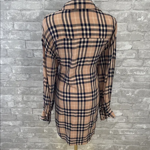 Vici Touch of Plaid Shirt Dress in Tan and Navy - Image 5