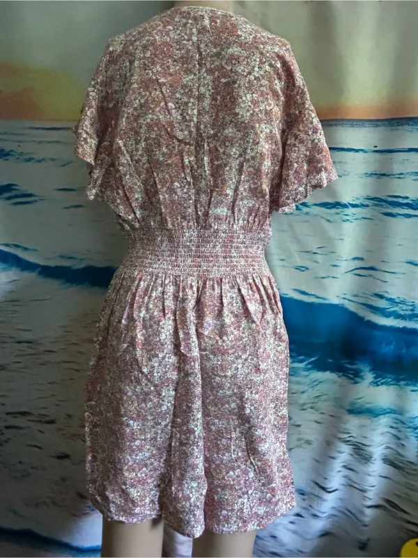 Japna Women’s Floral Smocked Waist Pink Wrap Dress MD - Image 7
