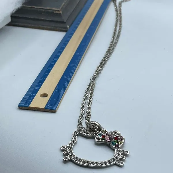 Vintage Hello Kitty outline rhinestone silvertone tone necklace - Image 2