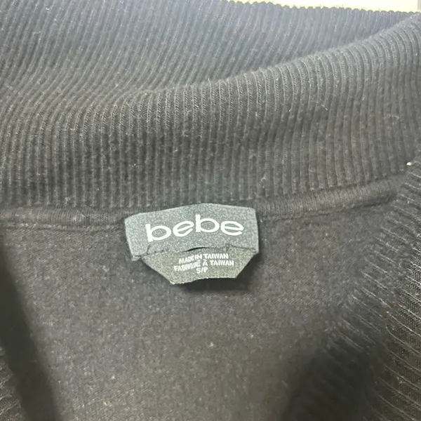 bebe Black and Cream Striped Mini Dress with Embellished Logo - Image 3