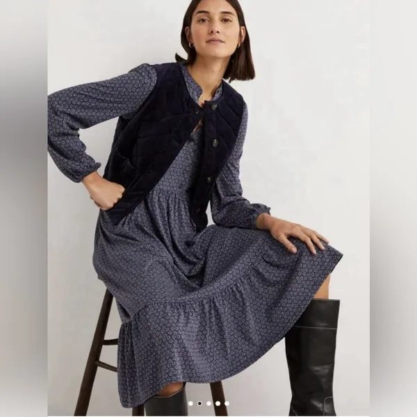 Boden Buttoned Jersey Midi Dress Navy Diamond Bud Tiered Cottagecore Size 8P - Image 12