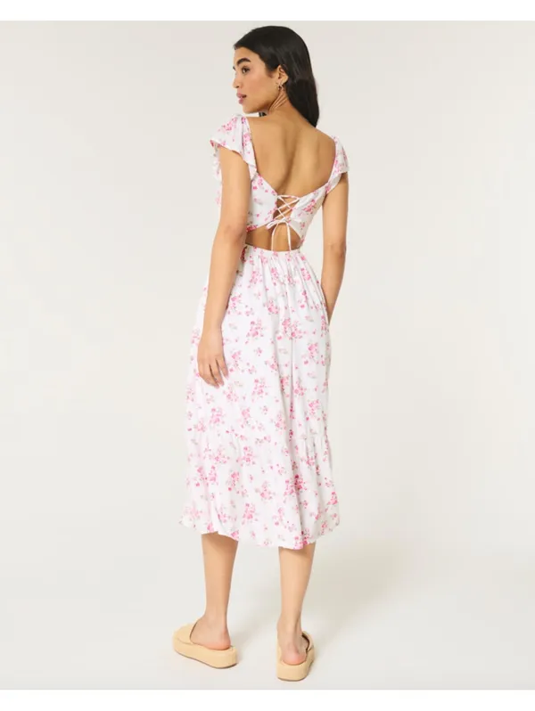 (C143) Hollister Pink White Floral Midi Dress XXL Petite V-Neck Flutter Sleeve - Image 2