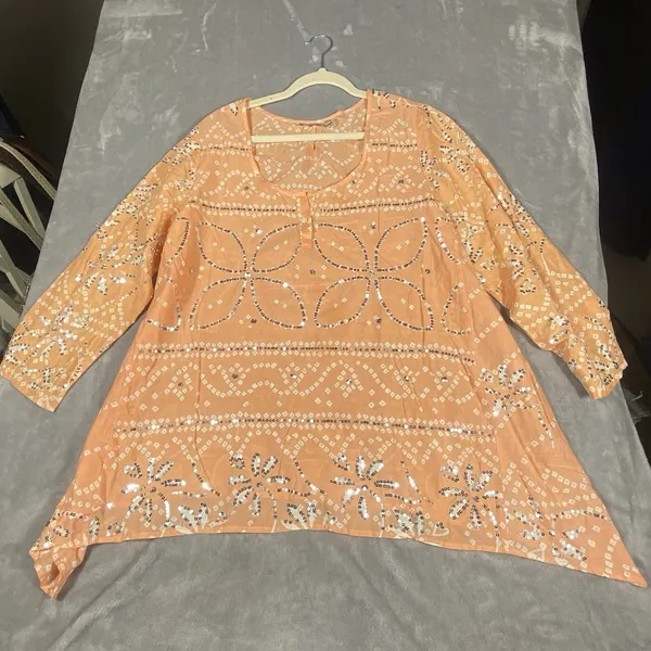 Soft Surroundings Womens Tunic Top Large Orange Sequin Long Sleeve‎ Lightweight - Image 5