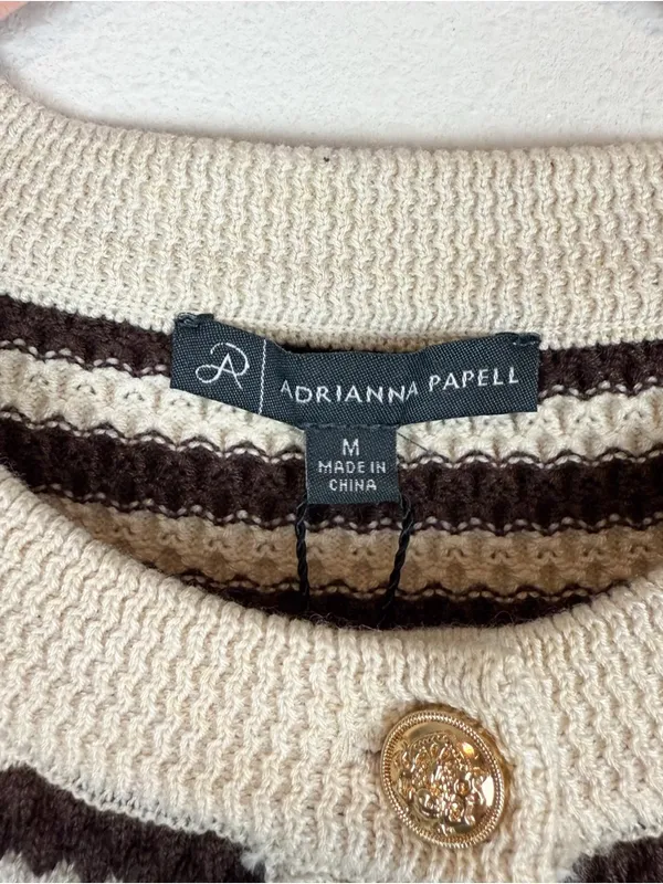NWT Adrianna Papell Button Front‎ Striped Pointelle Cardigan Sweater Cream Brown - Image 8
