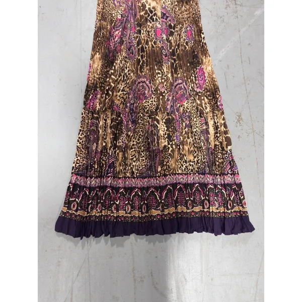 Y2k Leopard Paisley Print Pleated Midi Skirt Purple Brown Smocked Waist Medium - Image 6