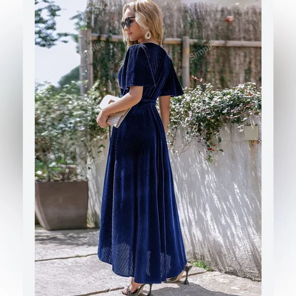 Simplee Small Butterfly Sleeve Wrap‎ Navy Blue Velvet Maxi Dress Tie Front - Image 5