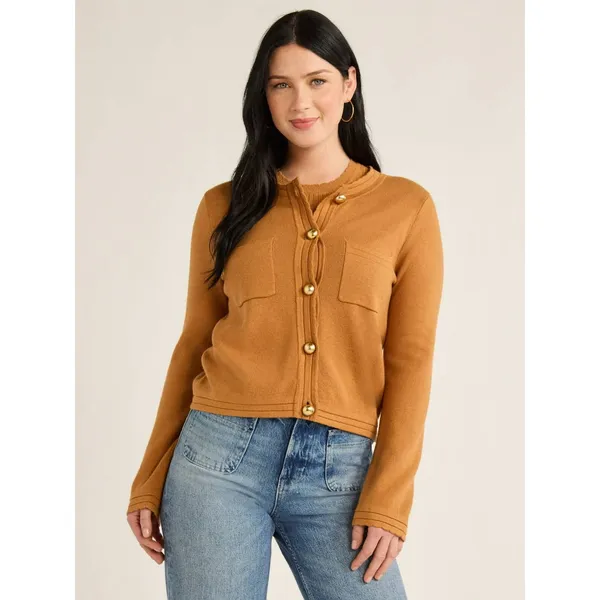 Free Assembly Womens Cardigan Sweater Size XS Brown Sesame Long Sleeve Pocket - Image 2