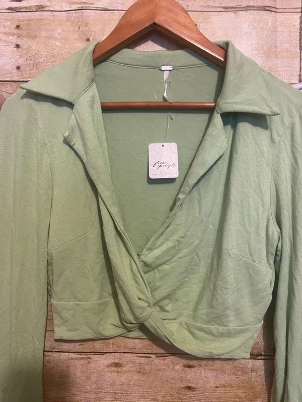 Free People Clara Ruched Long Sleeve in the "La Pera" sage green color - Image 6