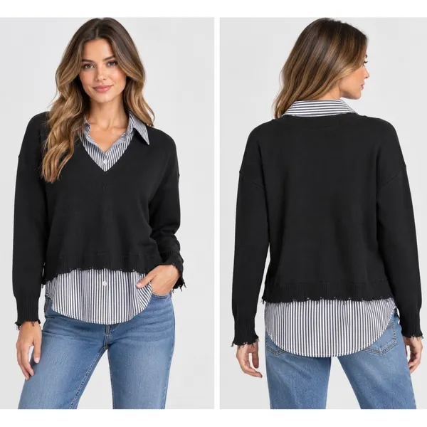J. Society Layered Sweater Shirt S Black V-Neck Striped Collar Distressed Hem - Image 2