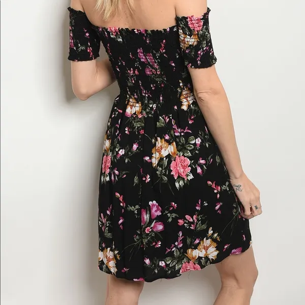 Black Floral Off Shoulder Lace Up Mini Dress Ruched Stretchy Size Small - Image 3