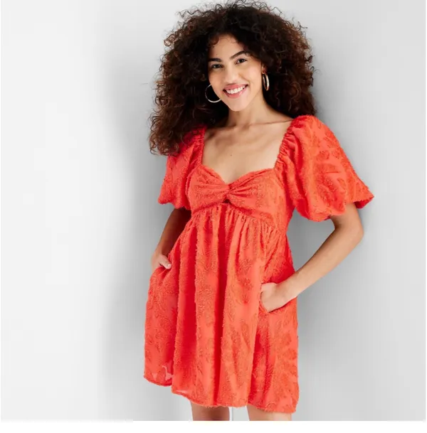 Orange Floral Print Puff Sleeved Mini Dress - Image 3
