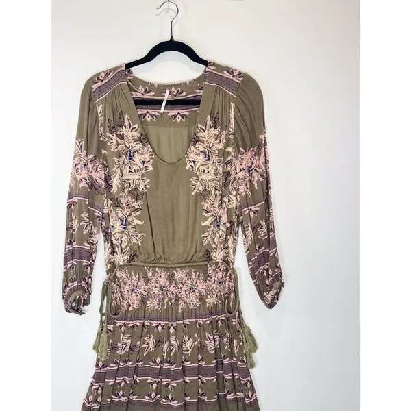 Free People Womens Dress Green Moonlight Floral Mini Smocked A Line Boho Small - Image 5
