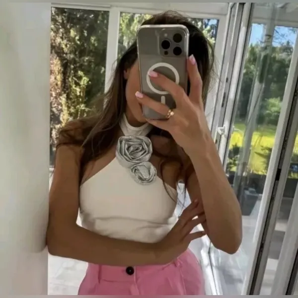 Zara halter neck white‎ top with rhinestones - Image 2