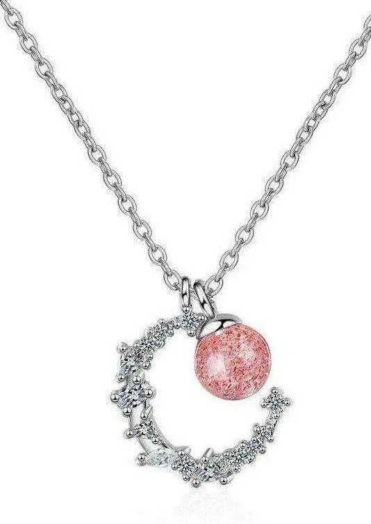 925 crescent strawberry crystal necklace women's high-end light luxury 2023 new style peach blossom clavicle chain ins lettering - Image 2