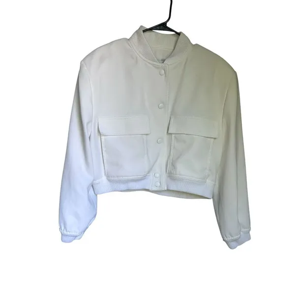 Zara Cream Linen Blend Snap Button Mock Neck Cropped Bomber Varsity Jacket L - Image 3
