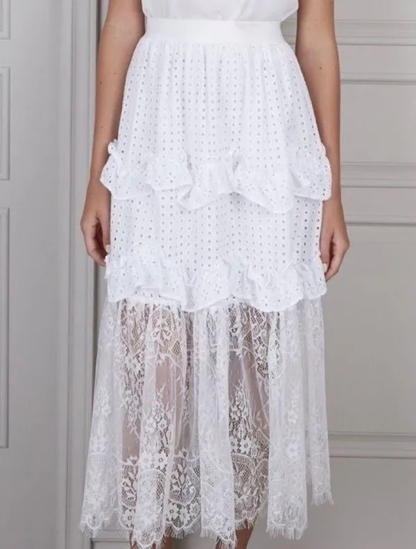 Senlis Lila White Eyelet & Lace Midi Skirt NWOT - Image 3