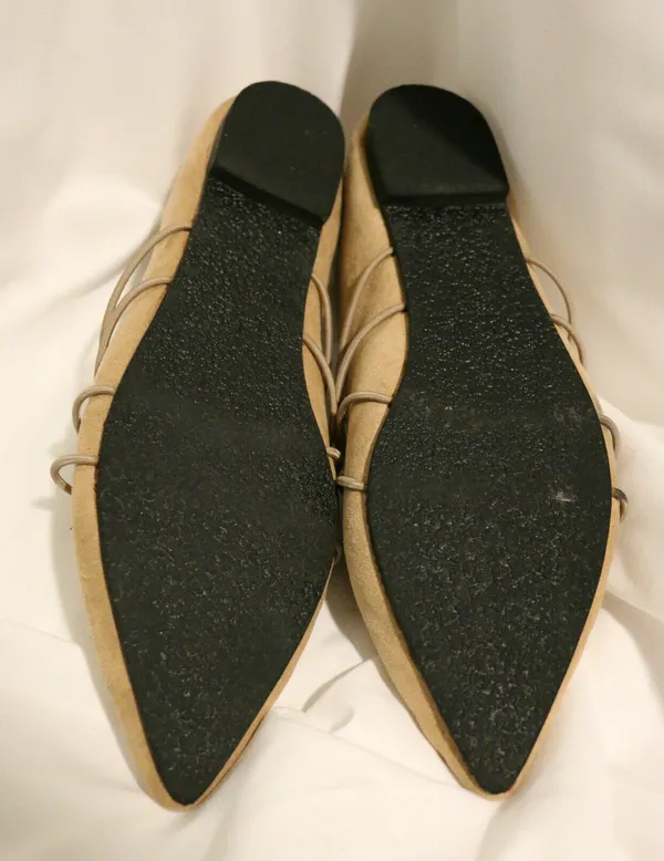 Tan Suede Pointed Toe Flats Ballet Cross Front Straps Strappy Detail - Image 4