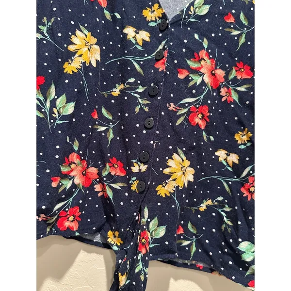 Bershka Navy Floral Polka Dot Tie‎ Front Top XS V-Neck Girly Summer Blouse - Image 3