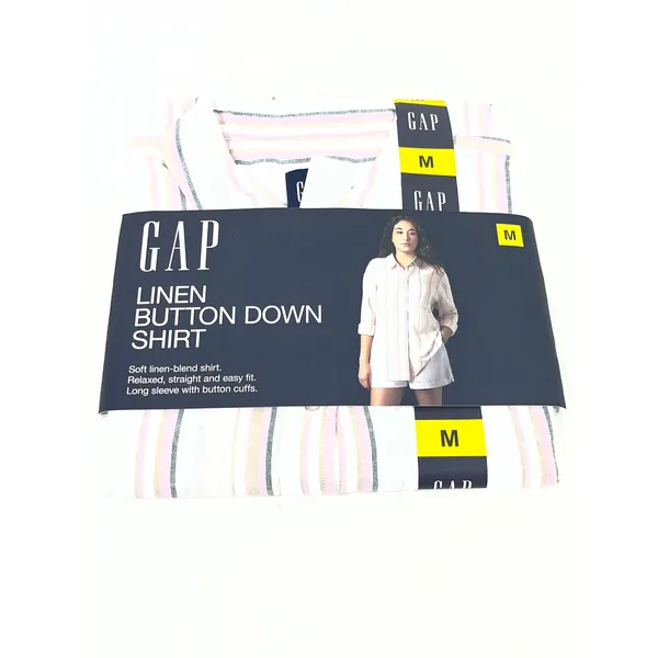 GAP‎ Linen Blend Button Down Shirt Women M Pink Tan Stripe Quiet Luxury Costal - Image 2