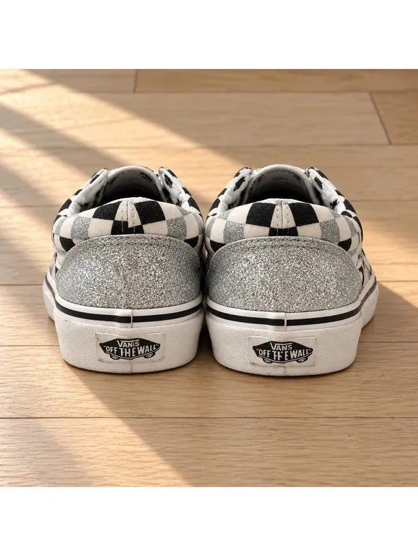 Vans Old Skool Silver Glitter Checkerboard Sneakers Womens 7.5 - Image 2