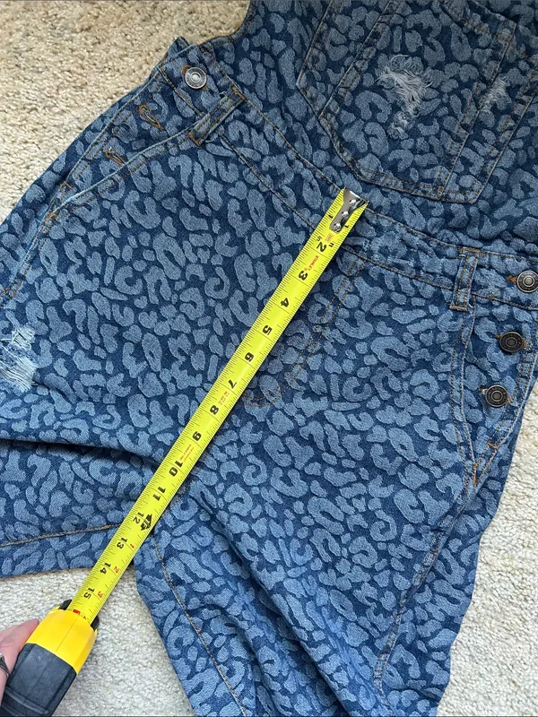 Aaron & Amber denim blue animal print wide bell leg boho overalls S - Image 8