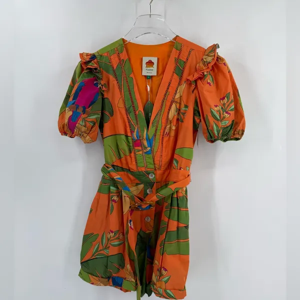 FARM RIO Orange Fresh Macaws Print Belted Romper Size‎ small - Image 3
