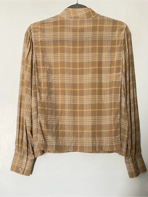 Wilfred Aritzia Henrietta Plaid Mock Neck Blouse Tan Brown - Image 3