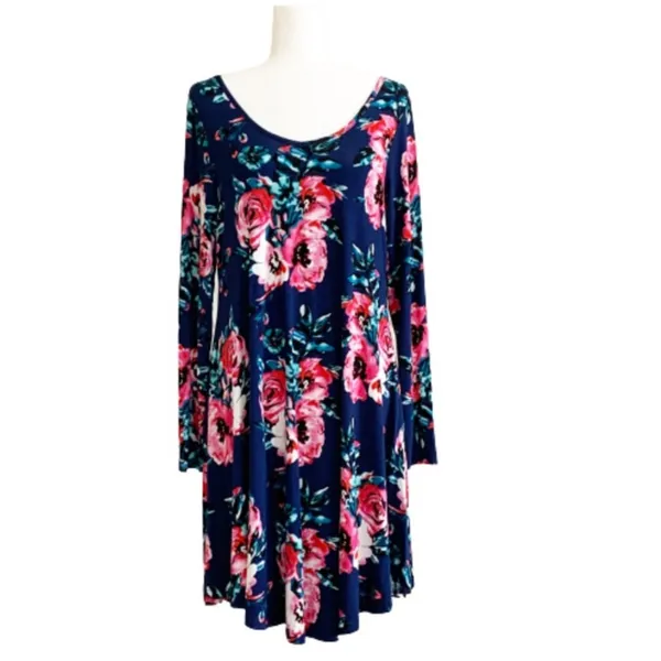Dearcase Dress Blue Pink Floral Jersey Long Sleeve V-Neck Swing Dress Large NEW - Image 2