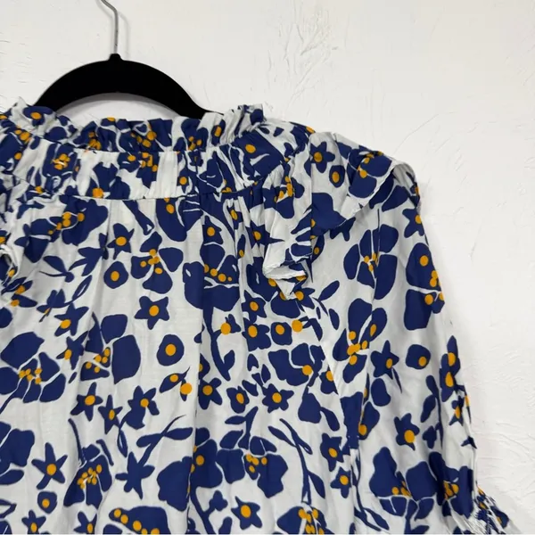 Cabellero Blue White Floral Silk Blend Blouse Womens L Puff Sleeve Boho Shirt - Image 8