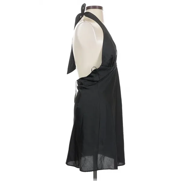NIA Black Satin Plunge Halter Mini Dress Small Open Back Y2K Indie - Image 4