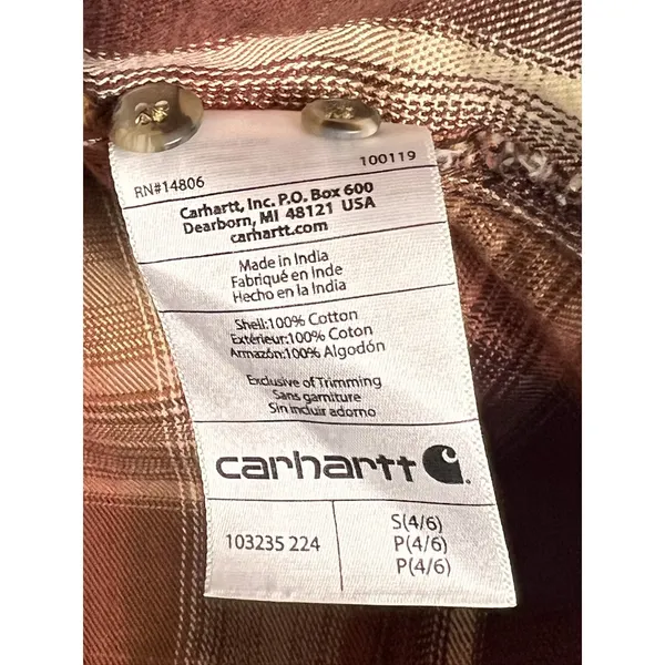 Carhartt Hooded Flannel Plaid Shirt Women's Small Orange Brown Cotton - Image 4