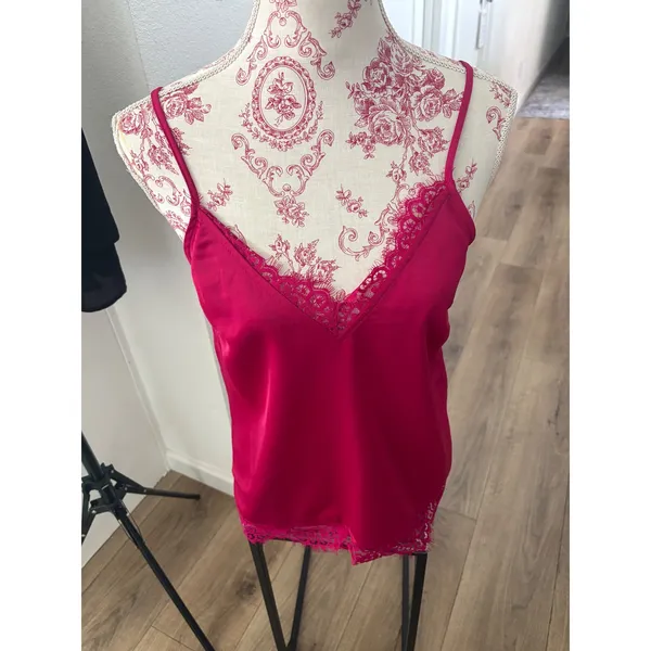 A New Day Magenta Pink Satin Lace Trim Cami Camisole Tank Top Small - Image 5