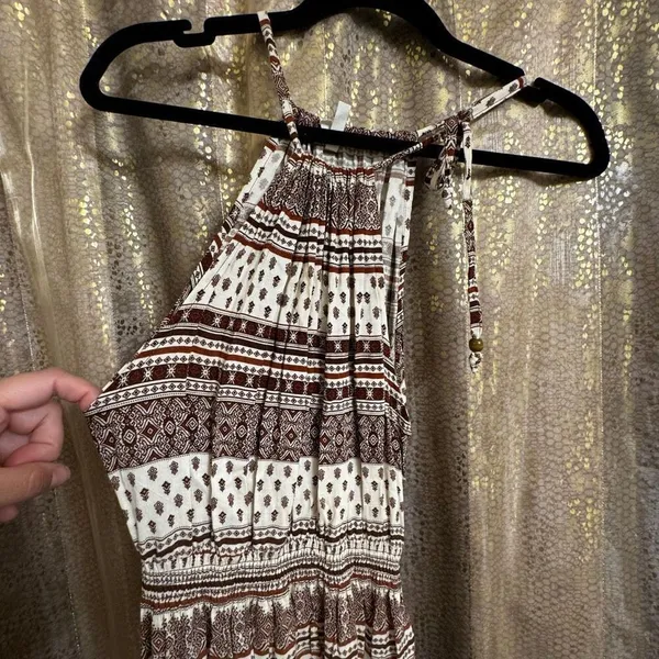 I Love H81 Long Maxi Brown Ivory Pattern Boho Halter‎ Neck Dress Small - Image 5
