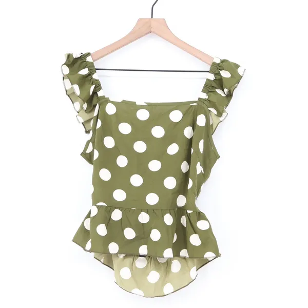 SHEIN Olive Green Polka Dot Ruffle Strap Peplum Top Back Tie Large L 8/10 - Image 2