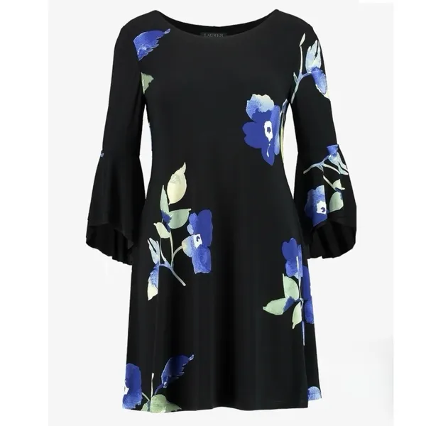 Ralph Lauren Blue Floral Bell‎ Sleeve Stretch Jersey Shift Dress Size 14 - Image 7