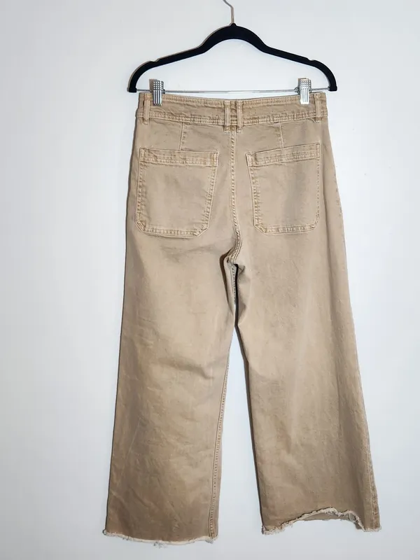 MNG Catherine Distressed Tan Wide Leg Jeans with Cut-Off Hem Size 8 - Image 5