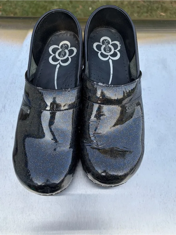 Sanita Professional Black Multicolor Glitter Patent Leather Danish Clogs Sz 40 - Image 8