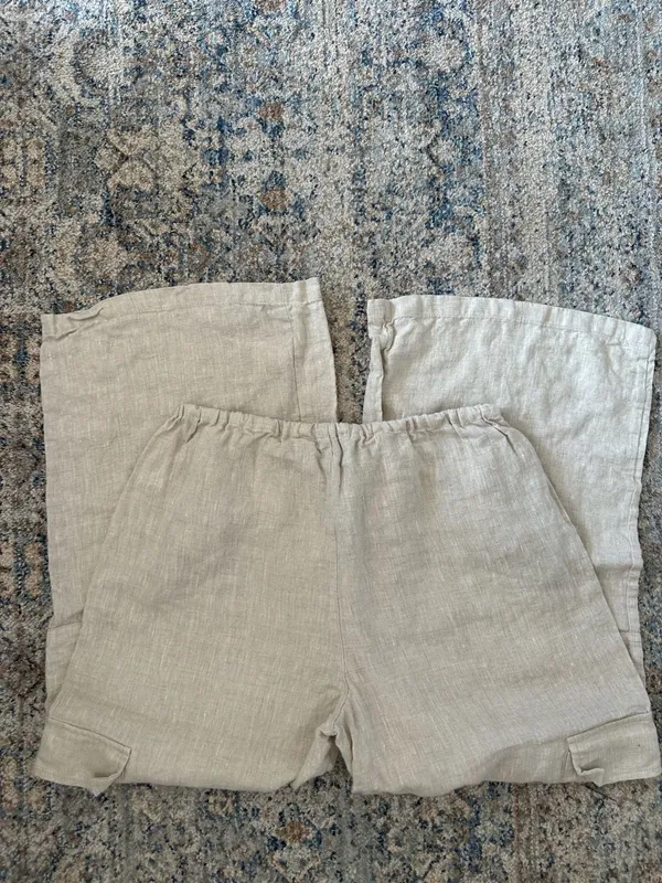 Hausen 100% Linen Wide Leg Cargo Pants Size S Beige Drawstring - Image 5