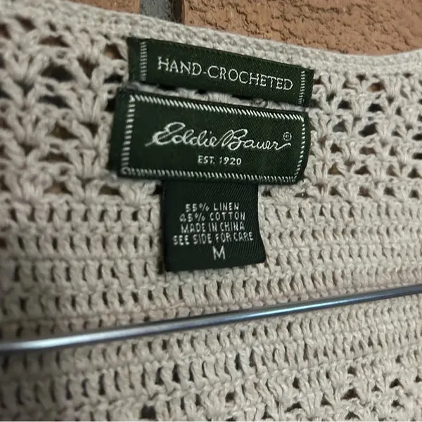 Eddie Bauer Hand Crocheted Linen Cotton Open Knit Button Down Sweater Medium VTG - Image 2