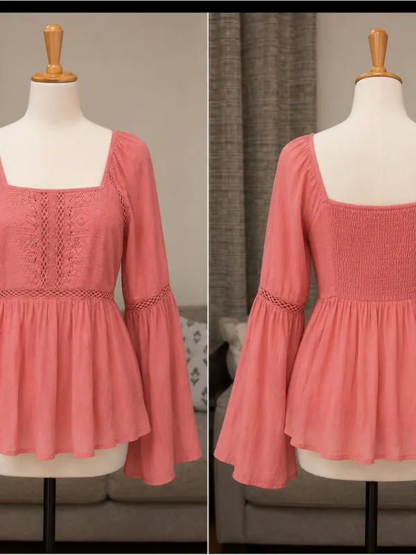 Red Camel Coral Square-Neck Peasant Blouse with Bell Sleeves - Image 3