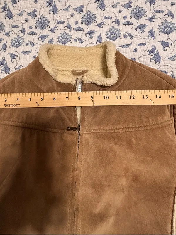Co & Eddy women’s tan camel suede faux shearling lined jacket size 10 zip front - Image 8