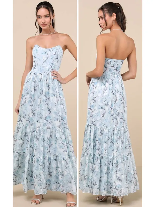 Lulus Special Moment Light Blue Floral Strapless Bustier Maxi Dress Size Large - Image 2