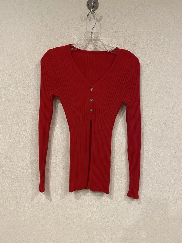 COMMENSE Cardigan Sweater Womens Small Red Ribbed V Neck Button Front Knit Top - Image 2
