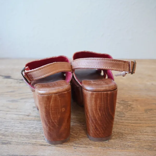 Bed Stu 6.5 Leather Platform Sandals Tan Excellent Stitch Wood Heel Boho Western - Image 3