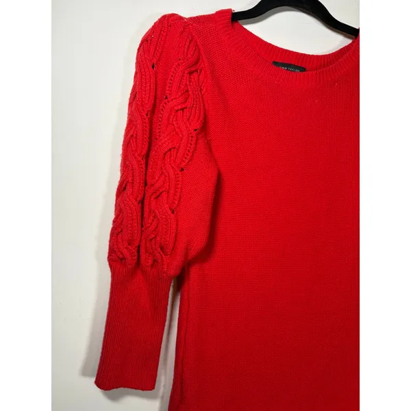 Ann Taylor Sweater Red Cable Knit Puff Sleeve Wool Blend Classic Cherry Size M - Image 3