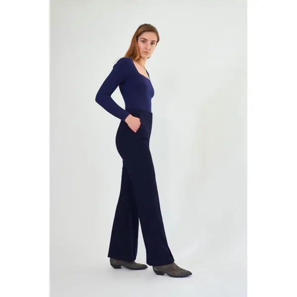 NANUSHKA Tulip Cady‎ Flared Trousers Navy Blue Solid Slit Legs Office Small - Image 7