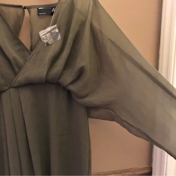 ASOS Design Long Sleeve V‎ Neck Faux Wrap MIDI Dress Olive Green 4 - Image 6