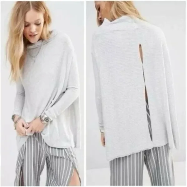 We The Free People Sweater M Medium Love Split Tunic Blue‎ Ribbed OB519393 Gray - Image 2